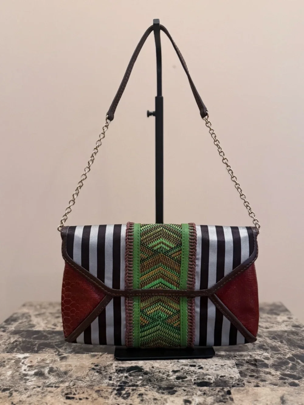 Henri Bendel Mixed Media Centennial Striped & Woven Shoulder Bag / Clutch 💎RARE💎 - Picture 3 of 12